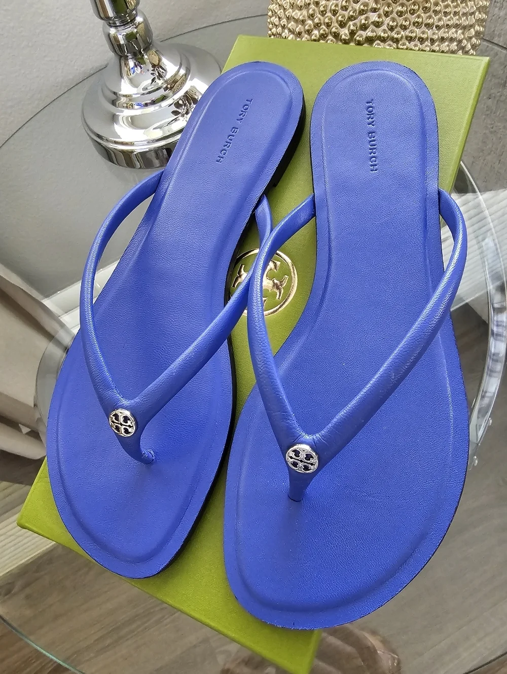 Tory Burch  Blue Leather Logo Medallion Flip Flops